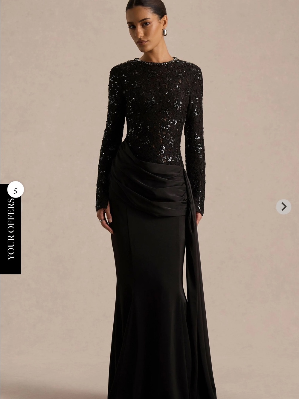 Club L London Black Long-Sleeve Sequin Draped Evening Gown